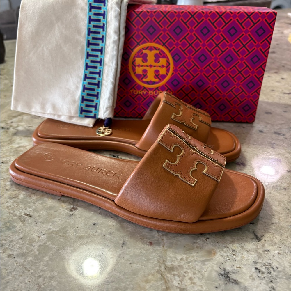 Tory Burch Double T Sport Slide Nappa Leather Aged Camello Sz 7 1/2 Shoe